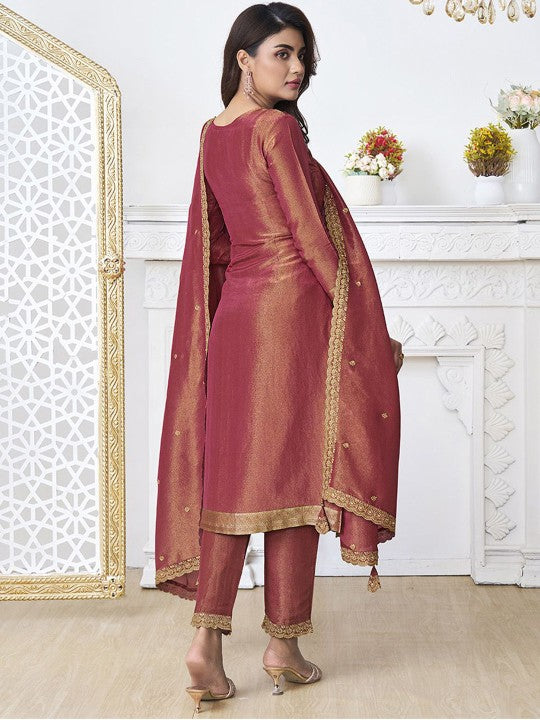 Ethnic Motifs Woven Design Sequinned Jacquard Straight Kurta With Trouser & Dupatta