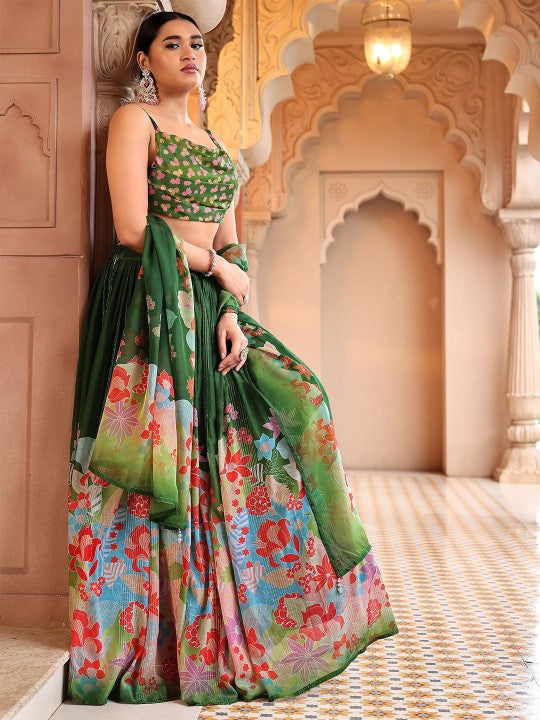 Printed Thread Work Ready to Wear Lehenga & Unstitched Blouse With Dupatta