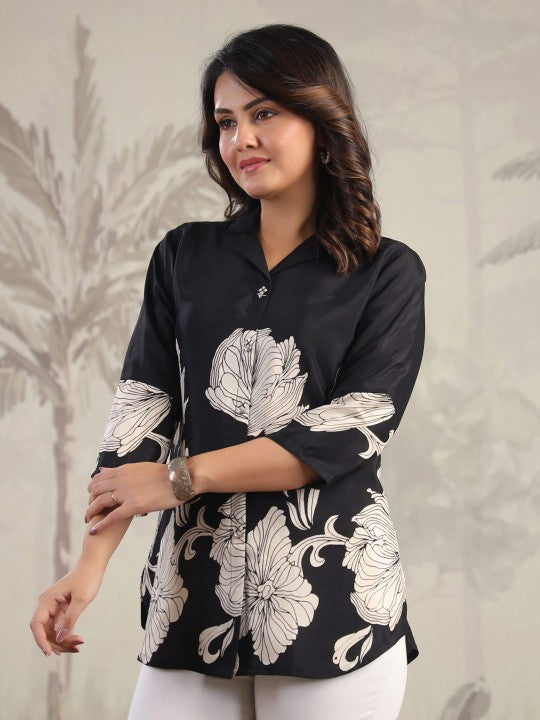 Women's Black Printed Russian Silk Top