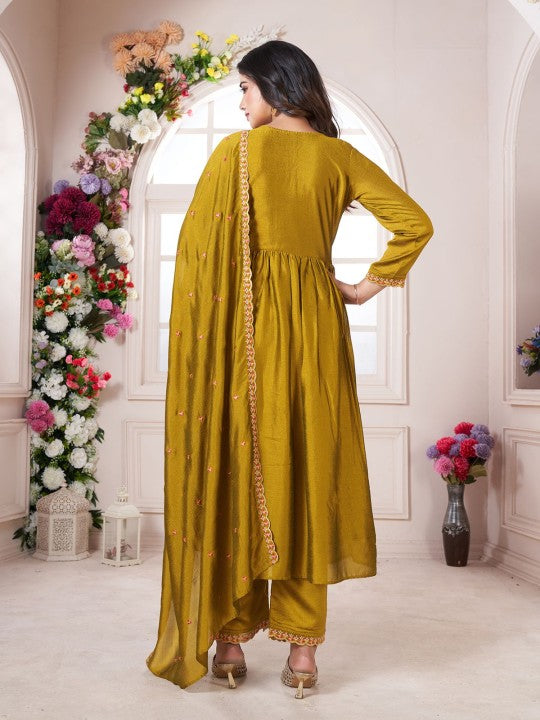 Floral Embroidered V-Neck Pleated Anarkali Kurta With Trousers & Dupatta