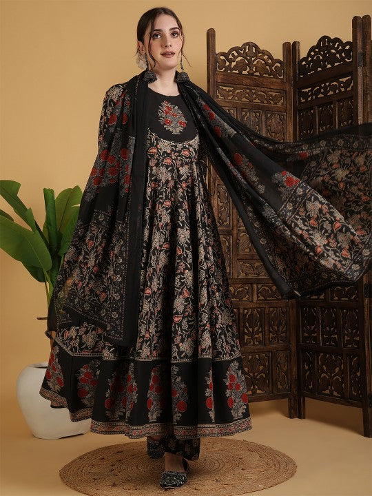Floral Printed Anarkali Pure Cotton Kurta With Palazzos And Dupatta