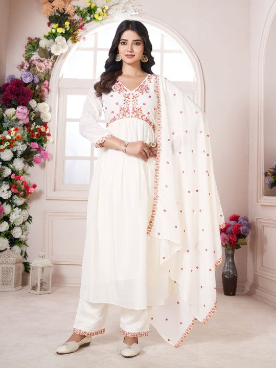 Floral Embroidered V-Neck Pleated Anarkali Kurta With Trousers & Dupatta