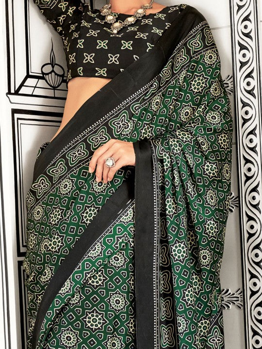 Ajrak Block Pure Crepe Block Print Saree