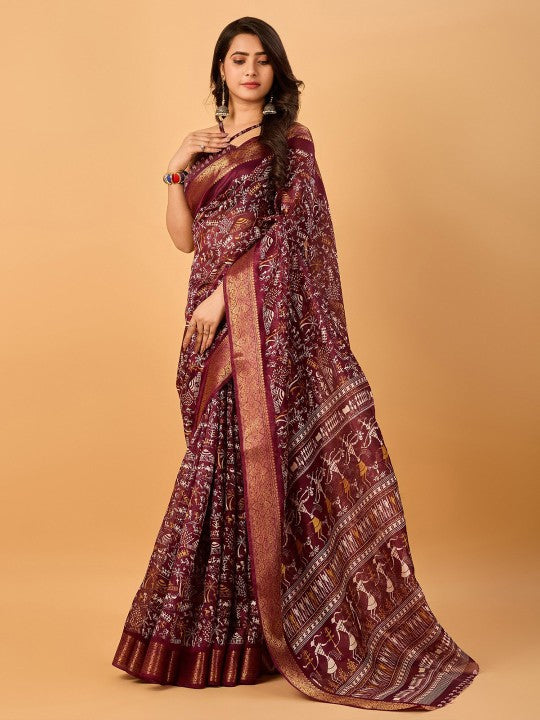 Warli Printed Zari Silk Cotton Chanderi Saree