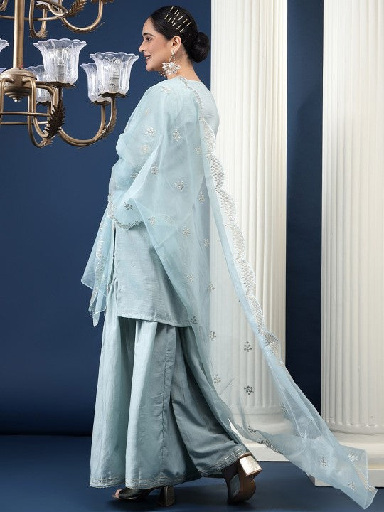 Ethnic Motifs Embroidered High Slit Sequinned Kurta With Palazzos & Dupatta