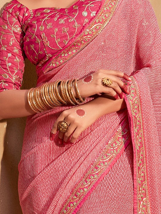 Striped Embroidered Pure Georgette Leheriya Saree