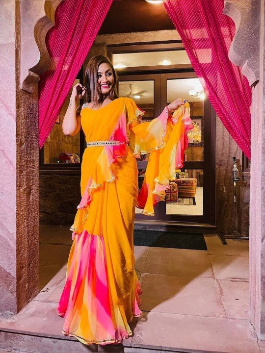 Ruffle Detail Pure Georgette Saree