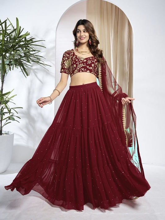 Embroidered Sequinned Semi-Stitched Lehenga & Unstitched Blouse With Dupatta