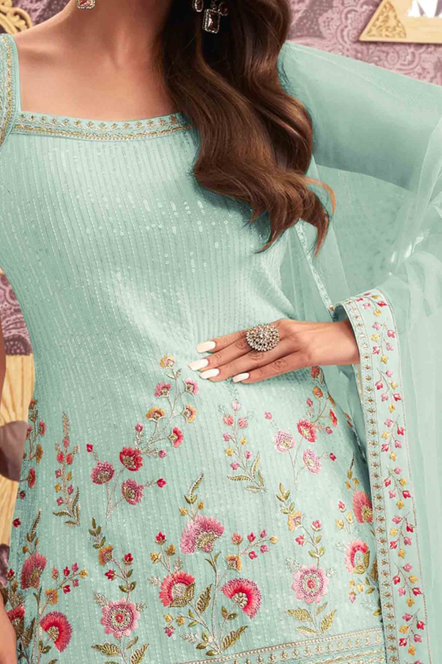 Light Sea Green Floral Sequins Embroidery Georgette Semi Stitched Suit