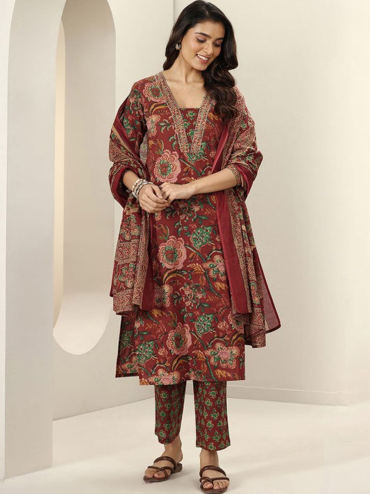 Women Floral Printed Regular Sequinned Kurta with Trousers & With Dupatta