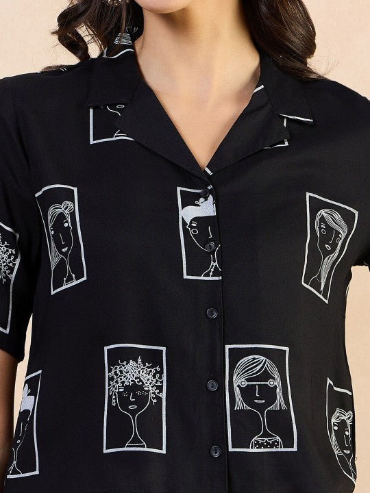 Print Boxy Printed Roll-Up Sleeves Shirt Style Top