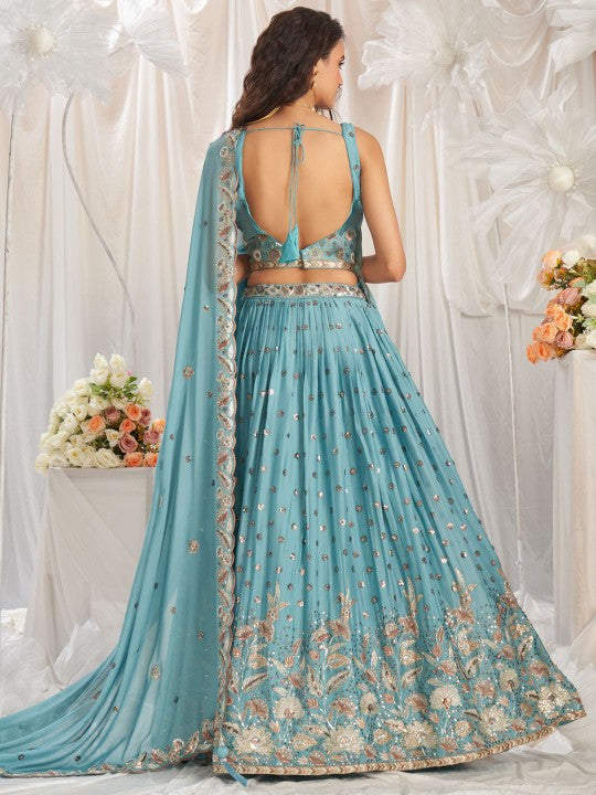 Embroidered Sequinned Semi Stitched Lehenga & Unstitched Blouse With Dupatta