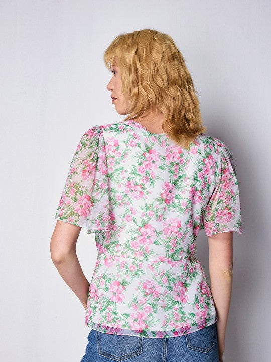 Floral Print Flared Sleeve Chiffon Shirt Style Top