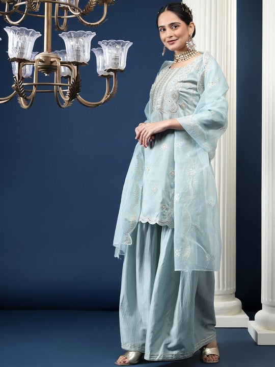 Ethnic Motifs Embroidered High Slit Sequinned Kurta With Palazzos & Dupatta