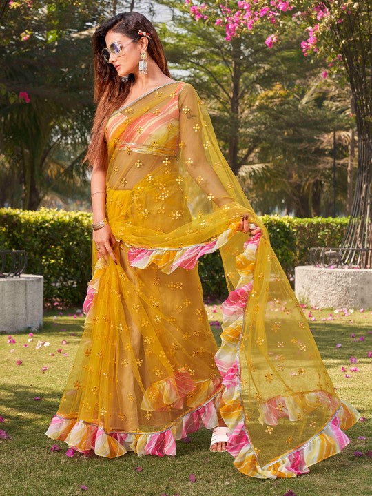 Yellow Embellished Mirror Work Net Ruffle Saree