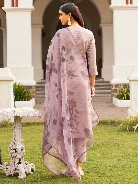 Floral Embroidered Pure Cotton Kurta With Trousers & Dupatta