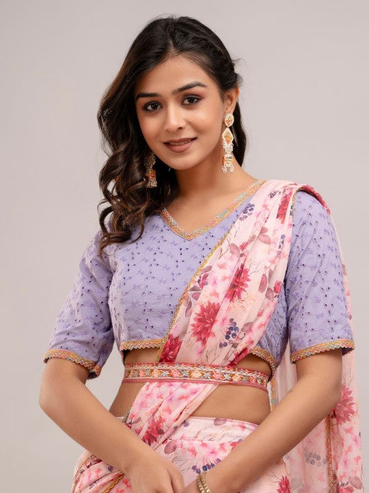 Floral Schiffli Pure Georgette Ready to Wear Block Print Saree