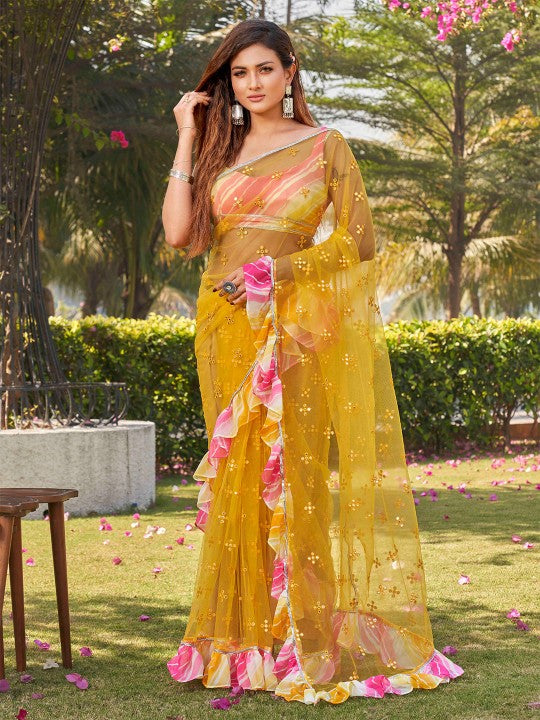 Yellow Embellished Mirror Work Net Ruffle Saree