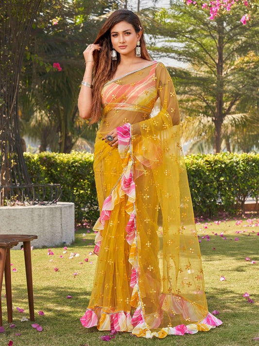 Yellow Embellished Mirror Work Net Ruffle Saree