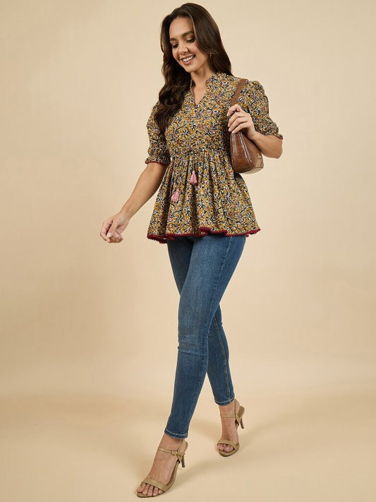 Floral Printed Mandarin Collar Cotton Pleated A-Line Top