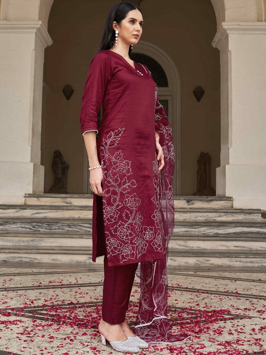 Floral Embroidered Thread Work Kurta with Trousers & Dupatta