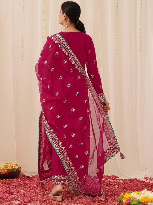 Floral Embroidered Regular Thread Work Kurta with Palazzos & Dupatta