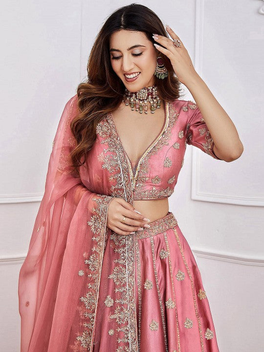 Embroidered Sequinned Semi-Stitched Lehenga & Unstitched Blouse With Dupatta