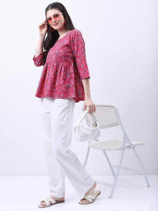 Pink & Green Floral Print A-Line Top