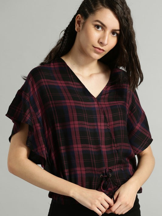 Women Maroon Checked Blouson Top