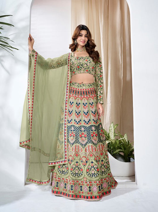 Thread Work Semi-Stitched Lehenga & Unstitched Blouse With Dupatta For Women