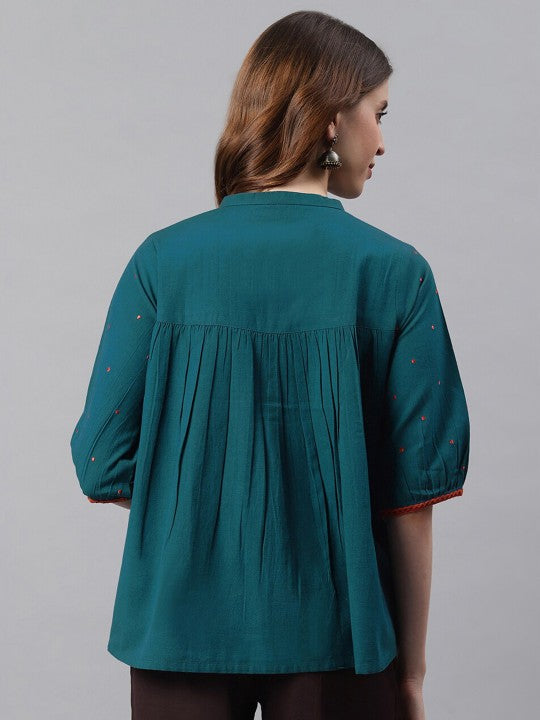 Women Floral Embroidered Mandarin Collar Puff Sleeves Cotton Regular Top