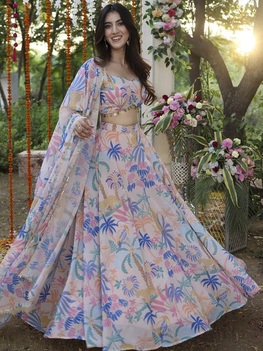 Floral Printed Semi-Stitched Lehenga & Unstitched Blouse With Dupatta