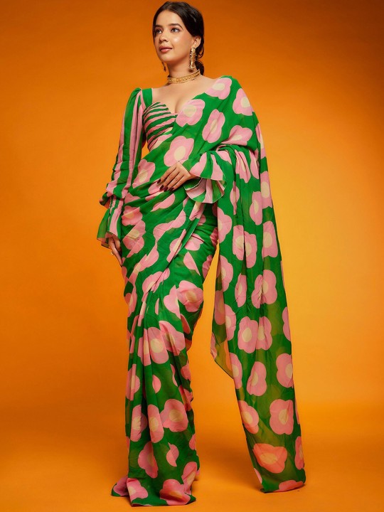 Floral Printed Satin Saree