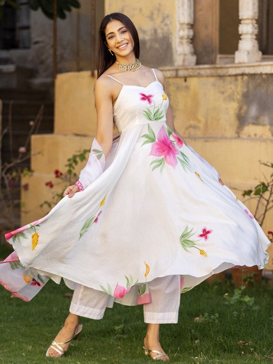Floral Printed Anarkali Kurta with Trousers & Dupatta