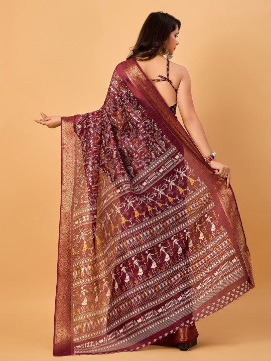 Warli Printed Zari Silk Cotton Chanderi Saree