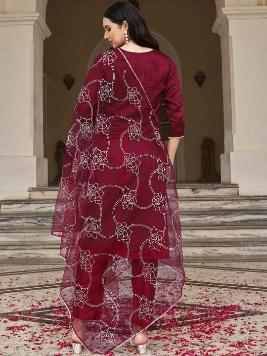 Floral Embroidered Thread Work Kurta with Trousers & Dupatta
