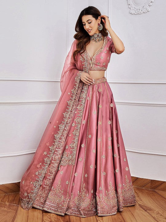 Embroidered Sequinned Semi-Stitched Lehenga & Unstitched Blouse With Dupatta