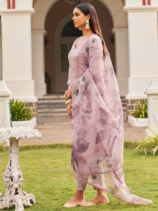 Floral Embroidered Pure Cotton Kurta With Trousers & Dupatta
