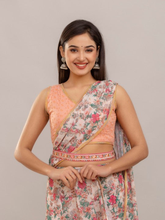 Floral Printed Ready to Wear Block Print Saree