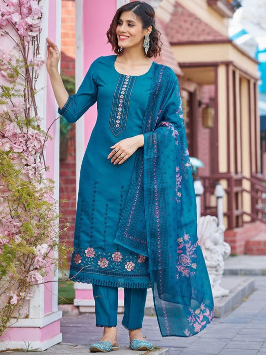 Blue Floral Embroidered Pure Silk Straight Kurta With Trousers & Dupatta