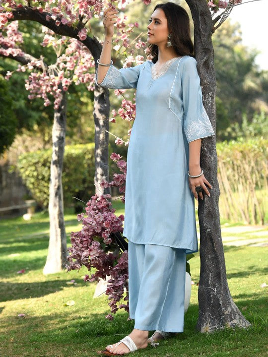 Women Light Blue Modal Chanderi kurta and palazzo set