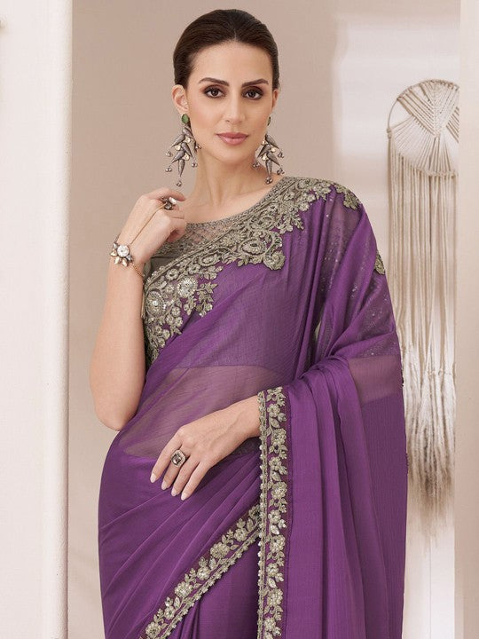Striped Sequinned Pure Georgette Saree