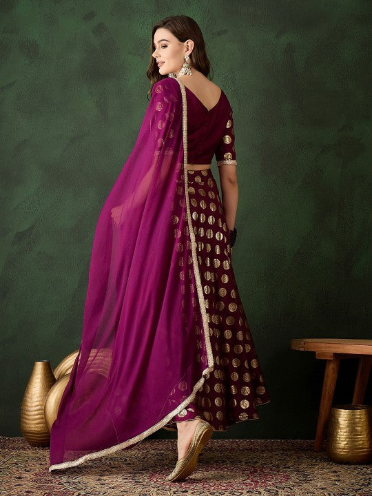 Foil Printed V-Neck Choli & Lehenga With Dupatta