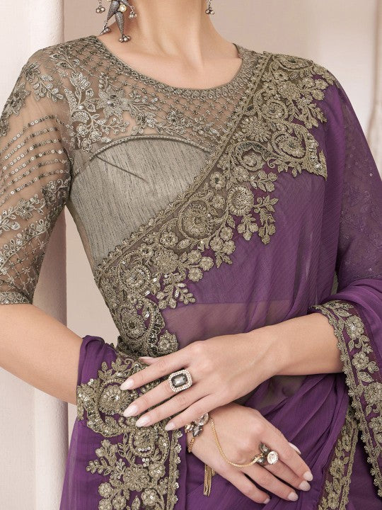 Striped Sequinned Pure Georgette Saree