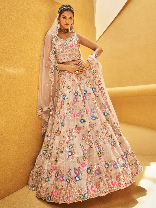 Embroidered Organza Semi Stitched Lehenga & Unstitched Blouse With Dupatta