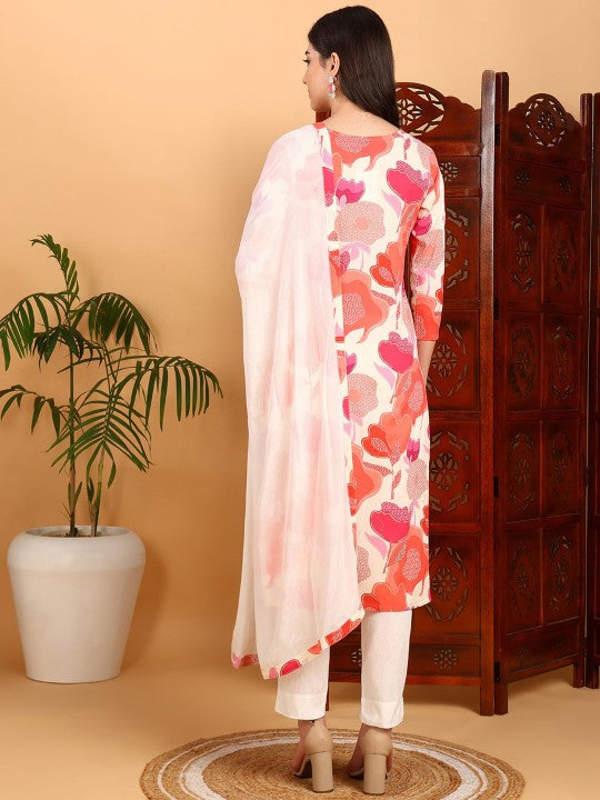 Floral Printed Regular Thread Work V-Neck Straight Kurta With Trousers & Dupatta