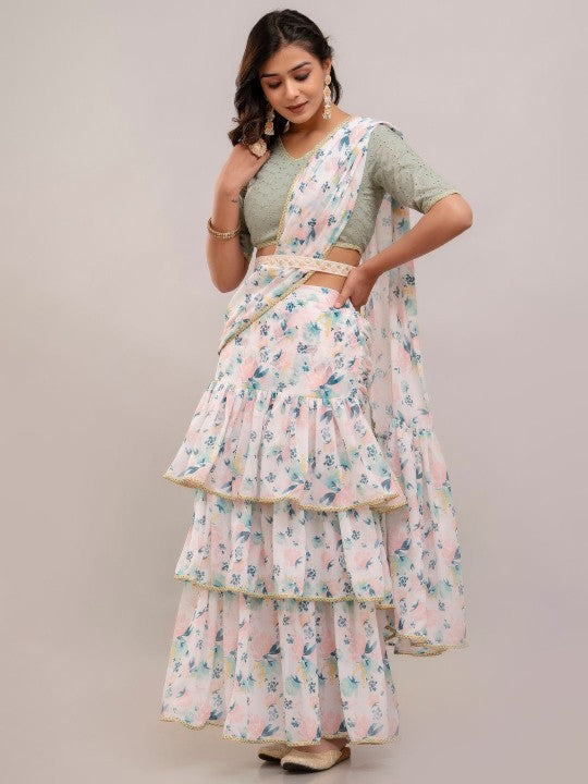 Floral Chikankari Pure Georgette Ready to Wear Block Print Saree