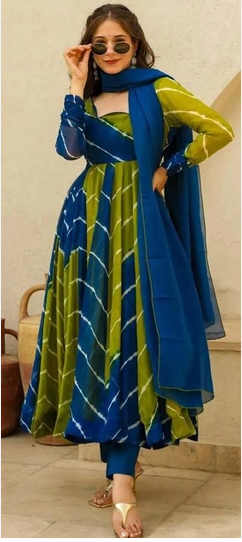 Elegant Blue & Green Tie-Dye Anarkali Suit with Dupatta