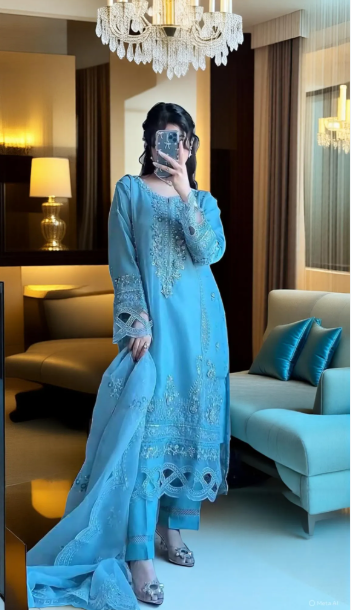 Sky Blue Embroidered Georgette Suit with Dupatta
