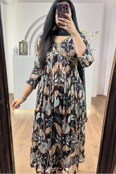 Elegant Black Floral Printed Anarkali Kurta with Dupatta